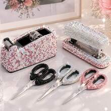 1PC Shiny Elegant Rhinestone PVC Office Tape Dispenser, Effortless Transparent Tape Cutter, Masking Tape Cutter, Stationery, School Supplies, Office Supplies, Office Desk Accessories, Ribbon Cutter, Desktop Storage Box - Multicolor - View 9