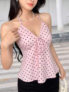 Buzzelle 1pc Polka Dot Polyester Tie-Up Ruffle Tank Top Beach Vacation Date Summer Pink - Pink - View 7