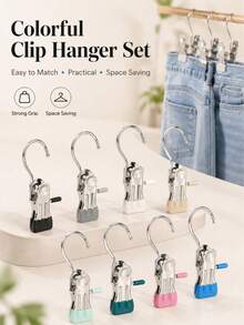 Stainless Steel Hanger Clips With Hooks, Heavy Duty Non-Slip Pants Skirt Socks Towel Drying Clips, Space-Saving Closet Storage Organizer, Laundry Room Accessories, Travel Camping Dorm Essentials - Multicolor - View 7