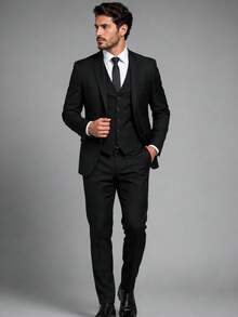 Slim Fit 3 Piece Suit – Sophistication With Stylish Vest - 黑與白 - 查看 1