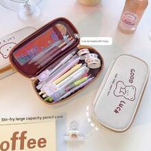 1pc Cute Cartoon Bear Rabbit Canvas Pencil Case, Minimalist Line Animal Print Pen Bag, Large Capacity Zipper Stationery Storage Pouch, Kawaii Simple Design, Portable Student Pencil Holder For School, Office & Back To School Gift - Flip-top Pencil Case - View 6