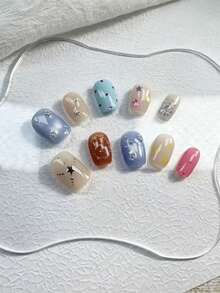 10pcs Medium Oval Handmade Nail Art Stickers Set, Pink, Blue, Green, Sweet And Cute, Star, Candy, Glitter Decoration, Suitable For Girls Daily, Office, School, Date, Party, Dance, Valentine's Day And Other Occasions - Multicolor - View 3