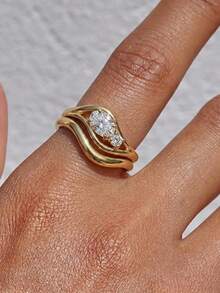 Tsnamer Stackable Gold Round Zirconia Women's Anniversary & Engagement Ring Set - Yellow Gold - View 1
