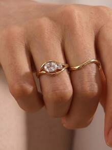 Tsnamer Stackable Gold Round Zirconia Women's Anniversary & Engagement Ring Set - Yellow Gold - View 2
