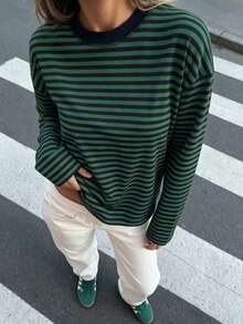 Blusa casual para mujer, de tela acanalada con bloques de color a rayas, para uso diario en primavera/otoño - Verde Oscuro - Ver 2
