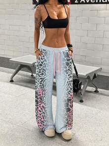 Y2K Grey Gradient Leopard Print Wide Leg Drawstring Elastic High Waist Street Style Graffiti Sweatpants For Women, Suitable For School, Spring, Autumn, Summer - Multicolor - View 9