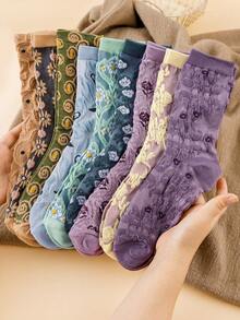 1/3/6/9 Pairs Random Women's Vintage 3D Embossed Floral Palace Style Mid-Calf Socks - Multicolor - View 17