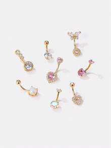 Kryxie Set 8 Buah Cincin Pusar Seksi Glamor Berbentuk Kupu-kupu & Hati dengan Batu Zirkonia Kubik, Perhiasan Tindik Intim untuk Pesta - 8 buah - View 2