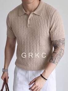 GRKC Men's Polo Shirt, Collared Short Sleeve Knit, Simple Commuter Style, Solid Color Cable Knit Base Layer, Spring/Summer - Light Grey - View 3