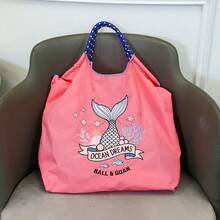 1pc New Embroidered Fish Tail Pattern Storage Nylon Large Capacity Foldable Shopping Bag Commuter Beach Party Women's Shoulder Crossover Tote Bag - Multicolor - View 5