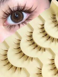 5 Pairs Spiky Manga Lashes Natural Look False Eyelashes, Wispy Soft Lashes, Lightweight Faux Mink Strip Lashes, Reusable Eyelashes For Daily Makeup Suitable For Beginners - 棕色 - 查看 1