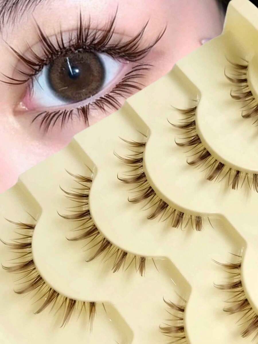 5 Pairs Spiky Manga Lashes Natural Look False Eyelashes, Wispy Soft Lashes, Lightweight Faux Mink Strip Lashes, Reusable Eyelashes For Daily Makeup Suitable For Beginners - 棕色 - 查看 1