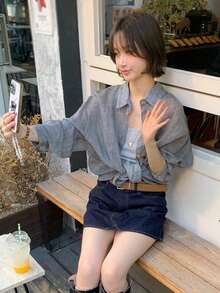 Women's Striped Single-Breasted Fashion Versatile Casual Daily Shirt - Navy Blue - View 2