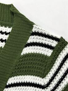 Cardigan Wanita Motif Garis Hijau Musim Gugur/Dingin, Dengan Saku, Lengan Panjang, Bagian Depan Terbuka, Gaya Liburan - MultiWarna - View 6