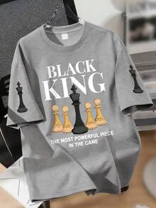 青少年男孩酷炫大廓型黑色西洋棋王印花T恤，「BLACK KING」街頭風休閒上衣，適合日常穿著 - 灰色 - 查看 1