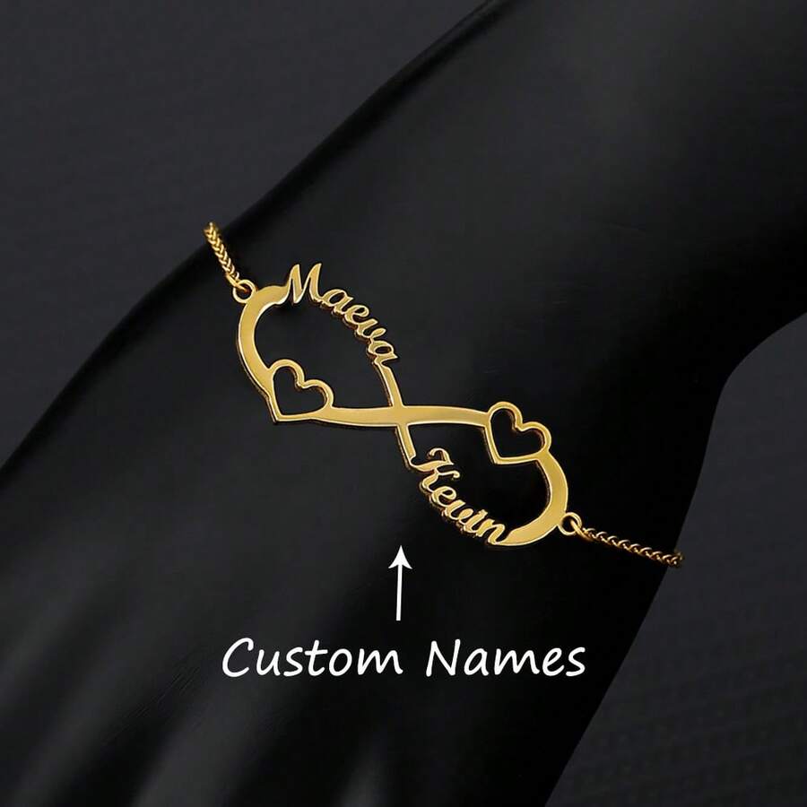 Customized Double Heart & Infinity Symbol Bracelet, Stainless Steel Personalized Wristband, Birthday Gift, Black/Silver/Gold, Fashion, Colorful, Retro, Minimalist, Unisex, Casual, Cute, Customizable, Unique, Ideal Gift For Him/Her, Boyfriend/Girlfriend, Parents, Family, Friends, Suitable For Anniversary, Birthday, Graduation, Prom, Party,Jewellery For Ladies - Multicolor - View 1
