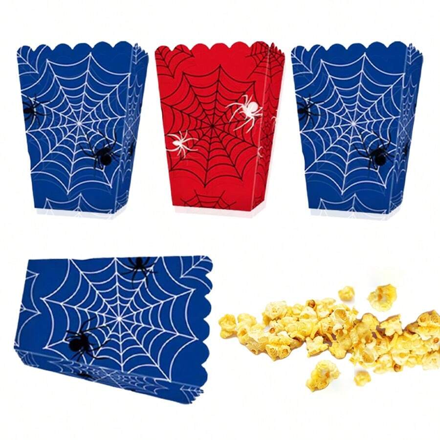 10/20/40pcs Spider Web Popcorn Boxes, 3.14x2.36x4.3 Inch Red & Blue Spider Print Wavy Edge Paper Popcorn Containers, Snack Candy Chips Nuts Gift Boxes, Hero Birthday Halloween Carnival Movie Night Theme Party Decorations - View 1
