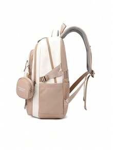Two-Tone Multi-Zip Pocket Student Rucksack, Detachable Small Accessory Pouch Adjustable Side Buckle Backpack For Daily Commute Weekend Trips - Khaki - View 5