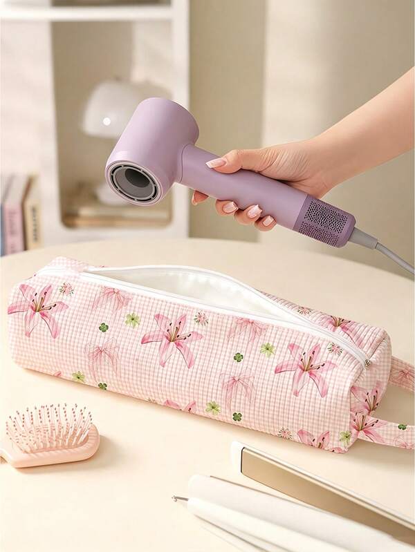Hair Styling Tool Storage Bag - Dust-Proof Bag For Hair Dryer, With Zipper And Floral Pattern Decoration For Women And Girls Hair Styling Tool Storage Bag, Pink Bow Design, Compatible With Hair Dryer, Curling Iron, Straightener, Travel, School, Salon Beauty Product Storage Bag - Ideal Gift For Teens, Girls, Nurses, Students - Durable And Portable Design, Curling Iron And Accessories - Durable Travel Carrying Storage Bag (Pattern Placement And Cutting Direction Are Random)