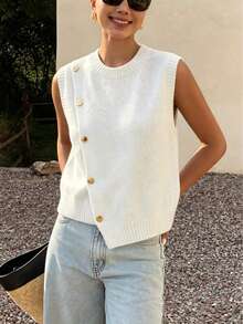 1pc Solid Color Cropped Round Neck Asymmetrical Button Accessory Design Fashion Layering Sleeveless Knit Vest White Summer - White - View 10