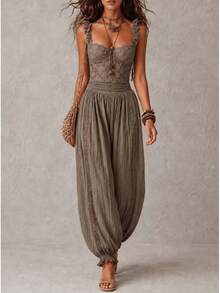Boho Spliced Lace Camisole Jumpsuit Scalloped Neck Shirred Waist Crinkle Fabric Loose Harem Pants Outfit - Grey - View 1