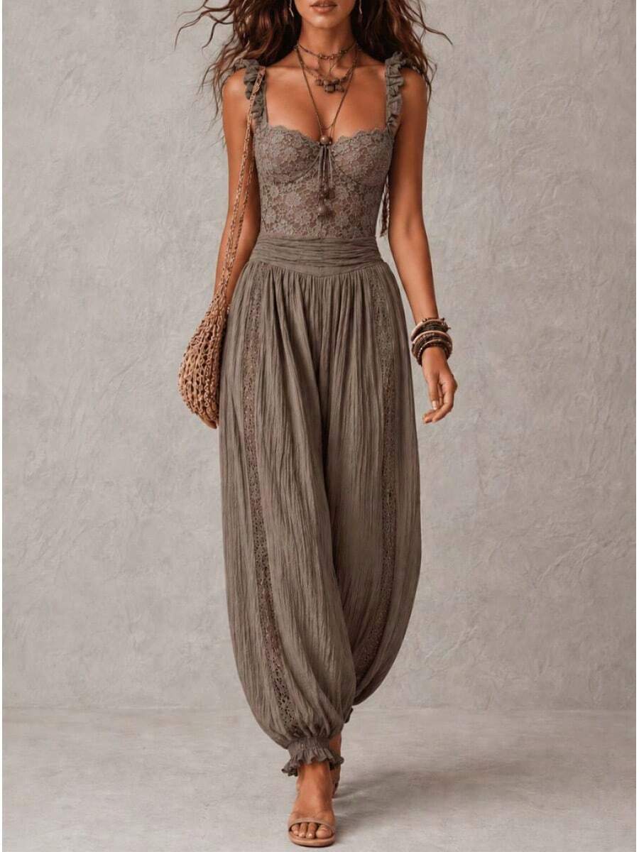 Boho Spliced Lace Camisole Jumpsuit Scalloped Neck Shirred Waist Crinkle Fabric Loose Harem Pants Outfit - Grey - View 1