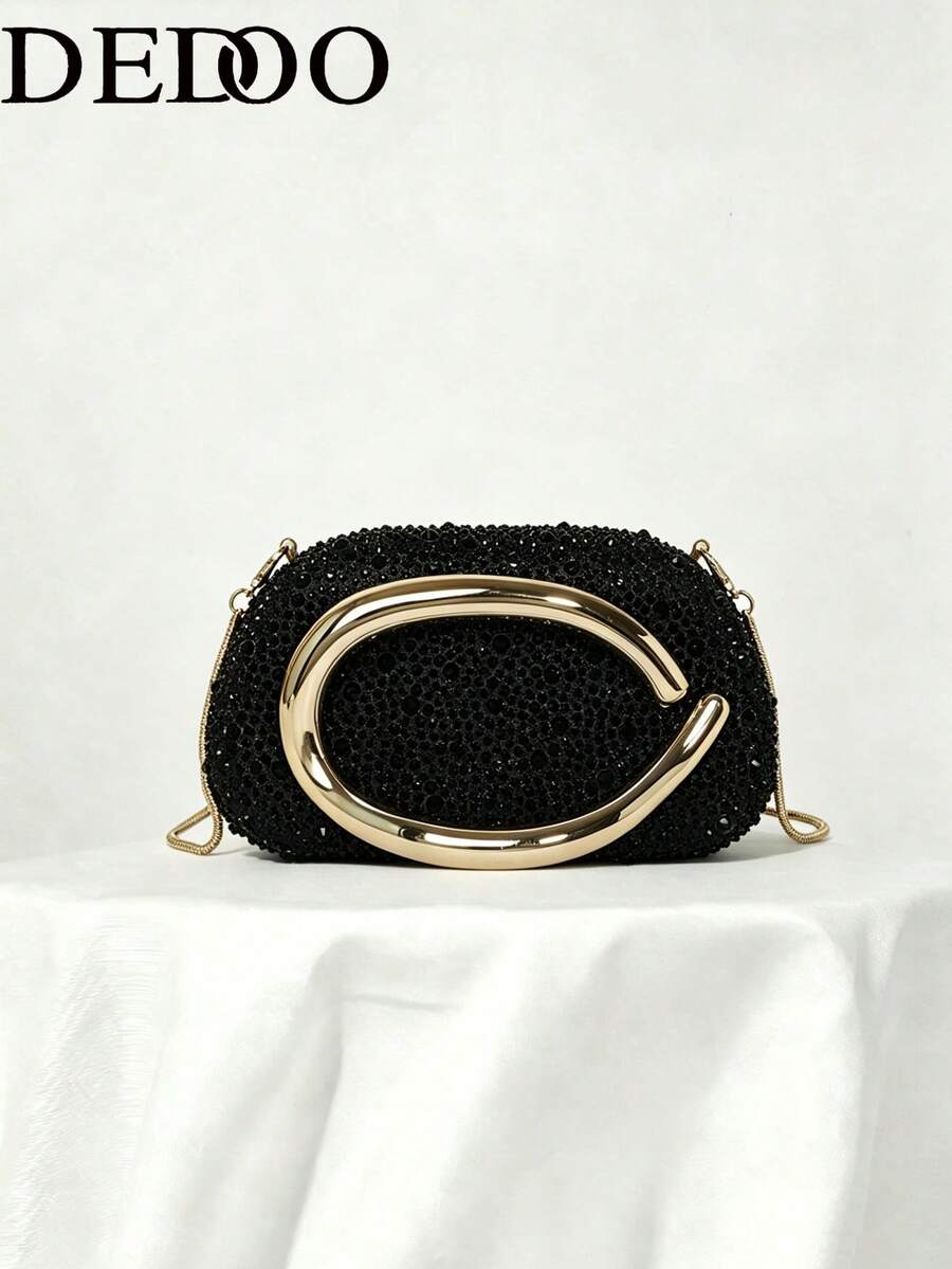 Women's Rhinestone Rounded Rectangular Evening Clutch, Curved Oval Front Handle Handbag, Fashion Crossbody Bag, Suitable For Wedding, Ball, Valentine's Day Party - Black - View 1