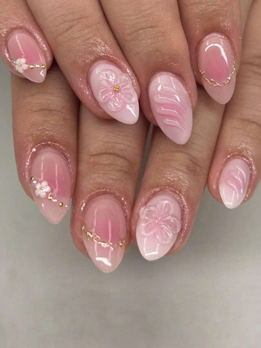 24片短杏仁形夏季假指甲,3D盛開腮紅花青銅色美甲,可愛合金壓克力穿戴甲,凝膠美甲套組(含1片果凍膠與1片指甲锉),適合女性日常、約會、派對 - 彩色 - 查看 1