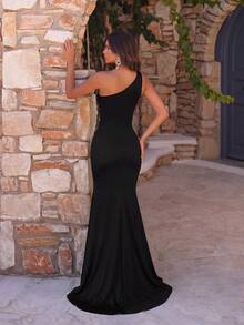 ADYCE Elegant One Shoulder Waisted High-Slit Bodycon With A Train Evening Gown Bridesmaid Dress Wedding Dress Summer Back To School Homecoming Party - 黑色 - 查看 2