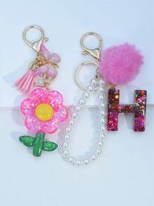 1pc Resin Starry Sky Epoxy Letter Keychain With Black Fur Ball Tassel Decor, Heart Pendant Gift For Friend And Mom - Hot Pink - View 9