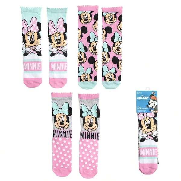 Cerdá Pacote com 3 pares de meias infantis da Minnie Mouse para meninas - Produto Oficial Disney, 75% algodão elástico com estampa rosa e turquesa, tamanho 31/34, ideais para escola e uso diário.