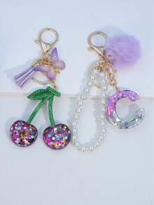 1pc Resin Starry Sky Epoxy Letter Keychain With Black Fur Ball Tassel Decor, Heart Pendant Gift For Friend And Mom - Mauve Purple - View 16