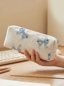 1pc Pencil Case, Stationery Storage Bag, Corduroy Material Bowknot Print Large Capacity Pencil Case For Teenagers, Multi-Function, First Day Of School - Multicolor - View 3