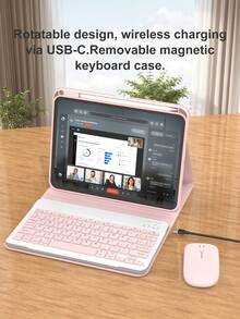 無線鍵盤與滑鼠套組，相容 iPad A16 11代/10代、9代/8代/7代 10.2 吋、Air 10.9 吋/11 吋、Pro 11 吋，PU 皮革平板配件，可拆卸無線鍵盤（150mAh 電池）與附筆槽保護殼 - 粉色 - 查看 3