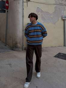 2026 New Street Fashion Striped Knit Men's Autumn/Winter Loose Versatile Sweater, Lazy Style Casual Top - Blue - View 5