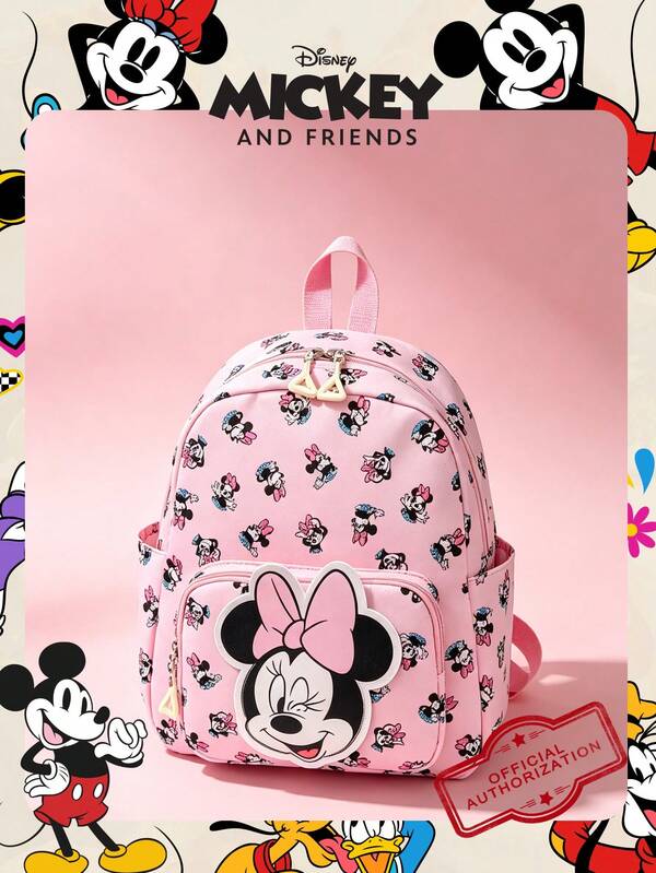 Disney 1件迪士尼官方米奇全印花背包，卡通上學包，前口袋附米奇頭貼布，多口袋休閒背包，輕量學生包，適合女孩/學生/年輕人/粉絲，完美適用返校季、時尚校園通勤、週末出遊、主題樂園參觀及日常休閒活動