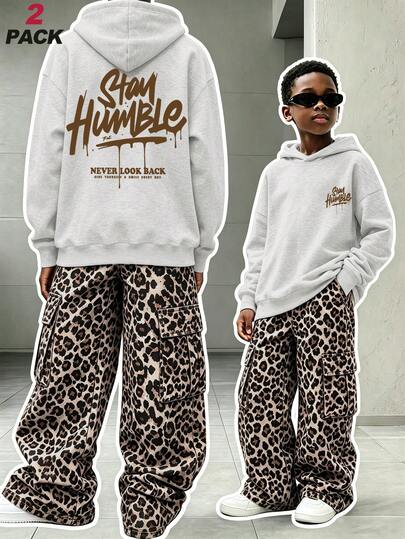 2pcs Street Cool Boy Outfit, Stay Humble Drip Letter Hoodie And Leopard Print Cargo Pants, Soft Autumn/Winter Streetwear