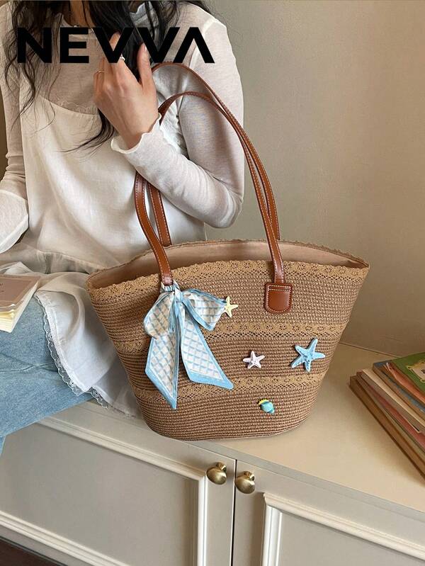 NEVVA 1pc Summer Shopping Beach Vacation Straw Woven Bag Large Capacity Beach Tote Bag Handmade Woven Simple Shoulder Bag Casual Handbag Fashion Women's Bag