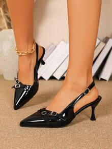 Women's Pointed Toe French Style Slingback Buckle Mid Heel Stiletto Kitten Heel Sandals For Dresses - Black - View 3