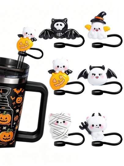 6/1pc Halloween Straw Topper Set White Bear Bat, Pumpkin, Mummy, Devil Straw Cover Cap Reusable Cup Straw Plug Tumbler Accessory Halloween Party Gadgets Holiday Gift For Cup Tumbler,Silicone Straw Cover Caps For 30&40 Oz Tumbler, 10mm Straw Toppers