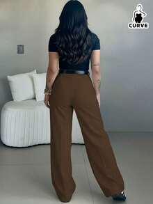 Women's Plus Size Woven Straight Leg Pants With Button & Zipper Detail Long Medium Stretch For Fall Outfits Brown - Brown - View 3