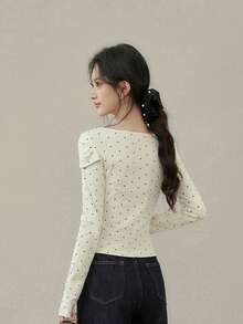 Women's Bow Polka Dot Long Sleeve T-Shirt, Spring New Slim Fit Inner Top - Apricot - View 8