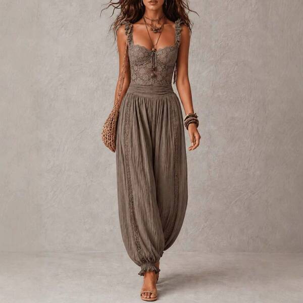 Boho Spliced Lace Camisole Jumpsuit Scalloped Neck Shirred Waist Crinkle Fabric Loose Harem Pants Outfit