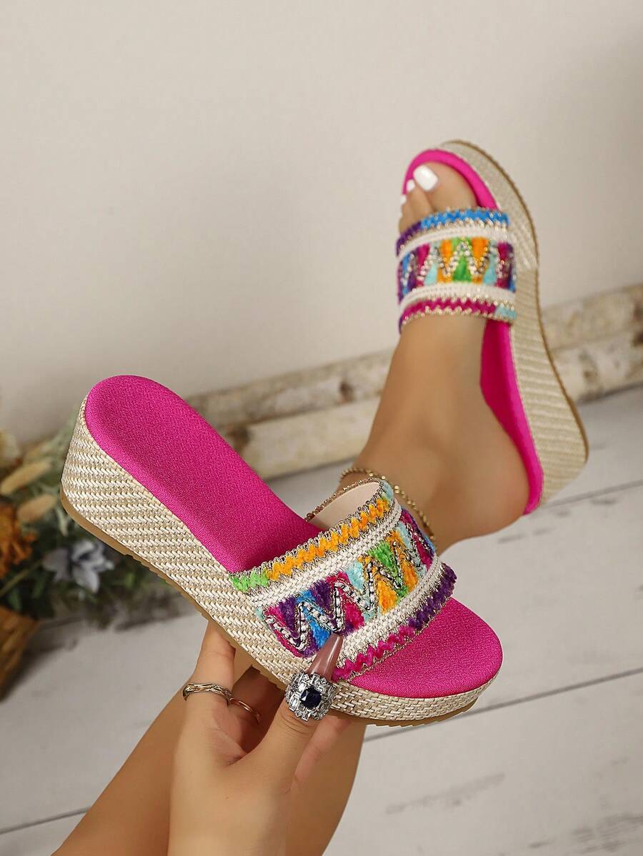 Women's Summer Fashion Bright Color Bohemian Daily Vacation Comfortable Versatile Wedge Platform Sandals - Hot Pink - View 1