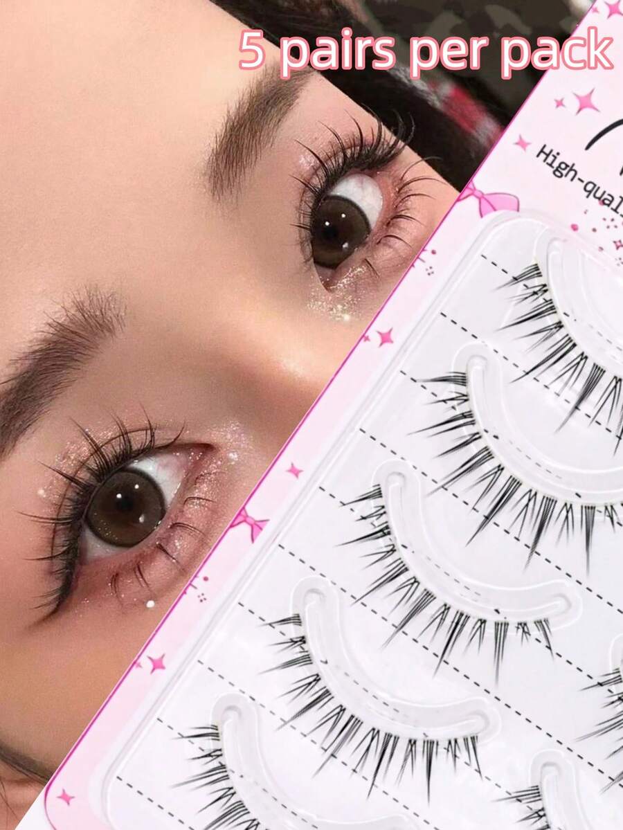 5 Pairs Manga-Style Eyelashes, Natural Look, Anime Eyelashes, Clear Band, Natural Manga Eyelashes, Korean/Japanese Style, Cosplay Eyelashes - View 1