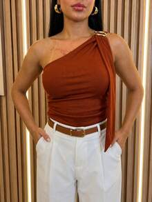 Women's Asymmetrical One-Shoulder Blouse With Padded Cups In Plain Ribbed Fabric - Casual, Basic, And Elegant - 亮橙色 - 查看 1