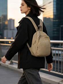 Women's Lightweight Nylon Mini Backpack, Multi Compartment Casual Small Backpack, Versatile Backpack For Commuting And Traveling, College Style Comput - Khaki - View 4