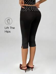 Black Polka Dot Side Slit Casual Skinny Capri Leggings For Women, Autumn, Back To School Summer - Black - View 4