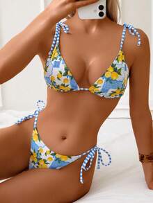 Conjunto de 2 piezas de bikini halter triangular con estampado de frutas para mujer, para vacaciones de verano en la playa - Multicolor - Ver 1