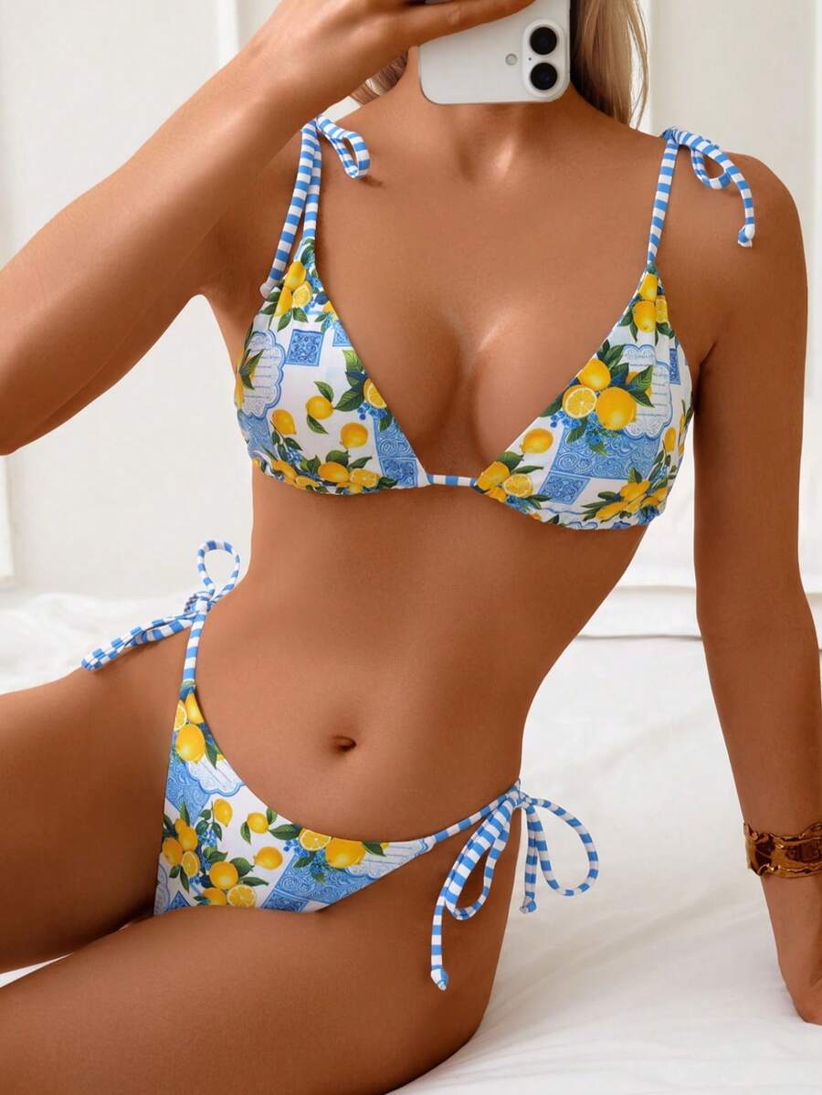 Conjunto de 2 piezas de bikini halter triangular con estampado de frutas para mujer, para vacaciones de verano en la playa - Multicolor - Ver 1